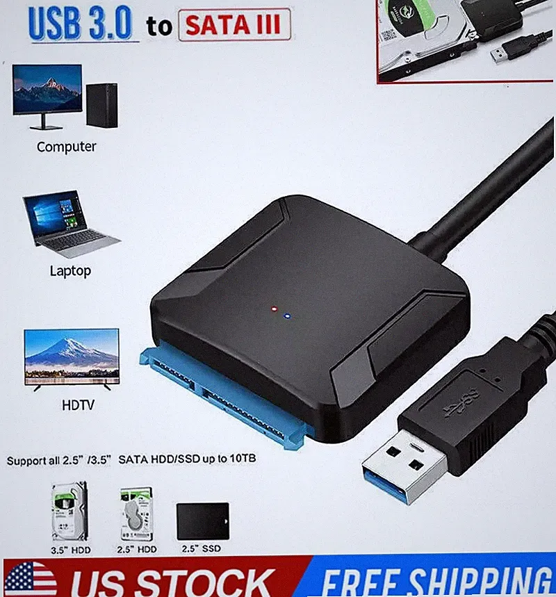 USB 3.0 to SATA External Hard Drive Reader 2.5" 3.5" HDD SSD Power adapter
